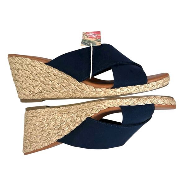 TOMMY BAHAMA Wedge Espadrille Cloth Sandal in Navy Blue & Beige Women's Size 10 - Picture 7 of 10